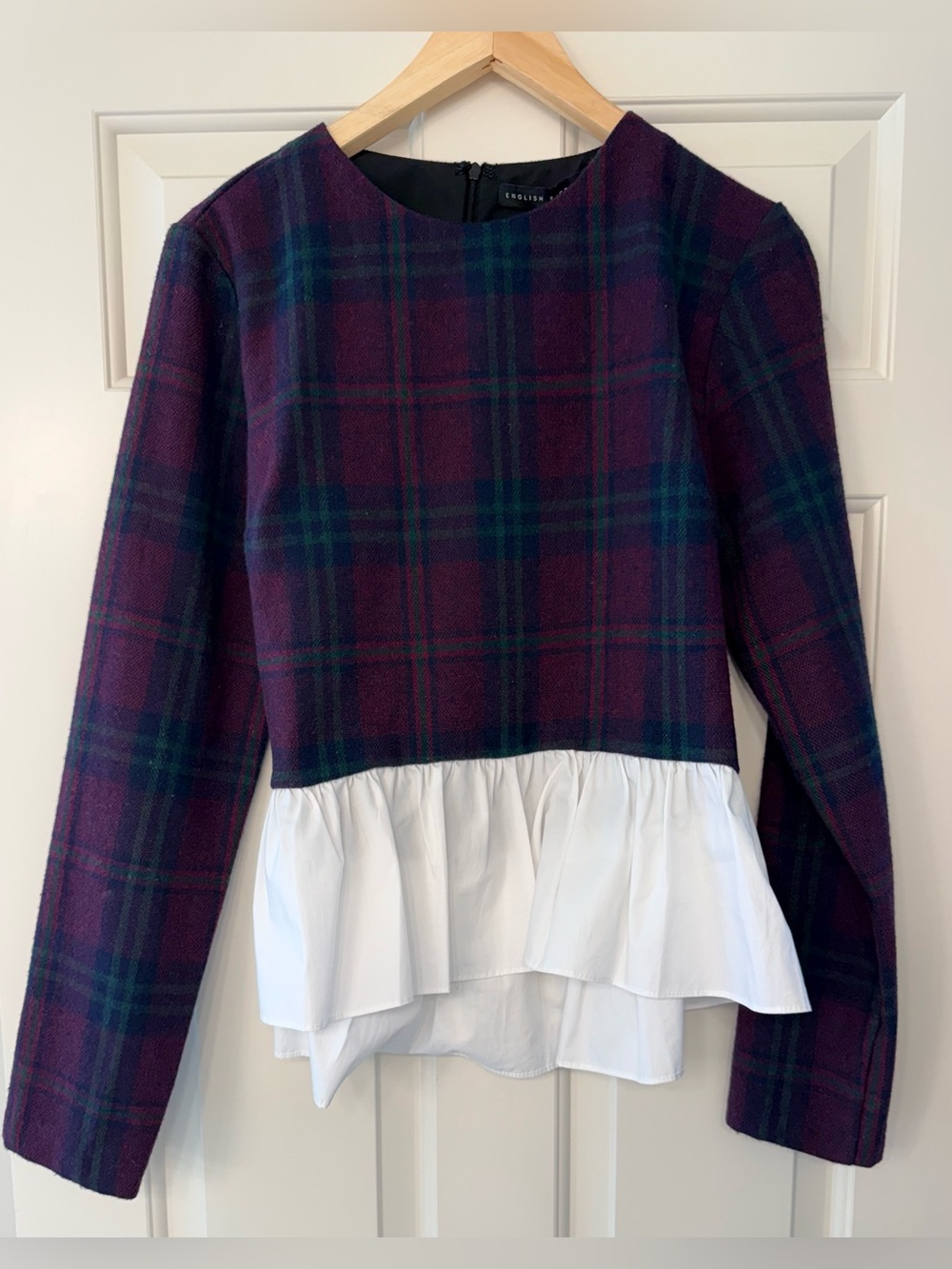 English Factory Plaid Long-Sleeve Top with White Ruffle Peplum M NWT